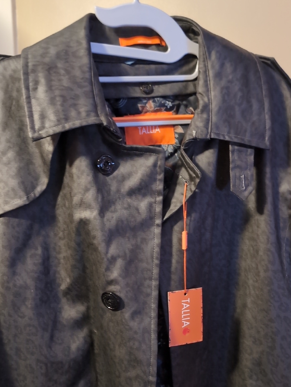 TALLIA Men's Dark Patterned Trench Coat with Orange Tags